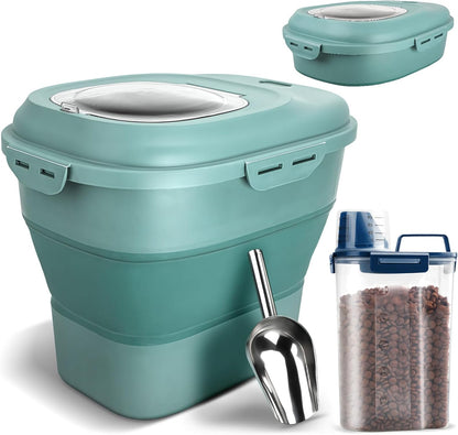TIOVERY Dog Food Storage Container, Airtight Collapsible 13lb to 30lb Pet Food Container with Flip Top, Rolling Wheel, Scoop and 3L small container for Dog Cat Food and Dry Food of Rice, Flour