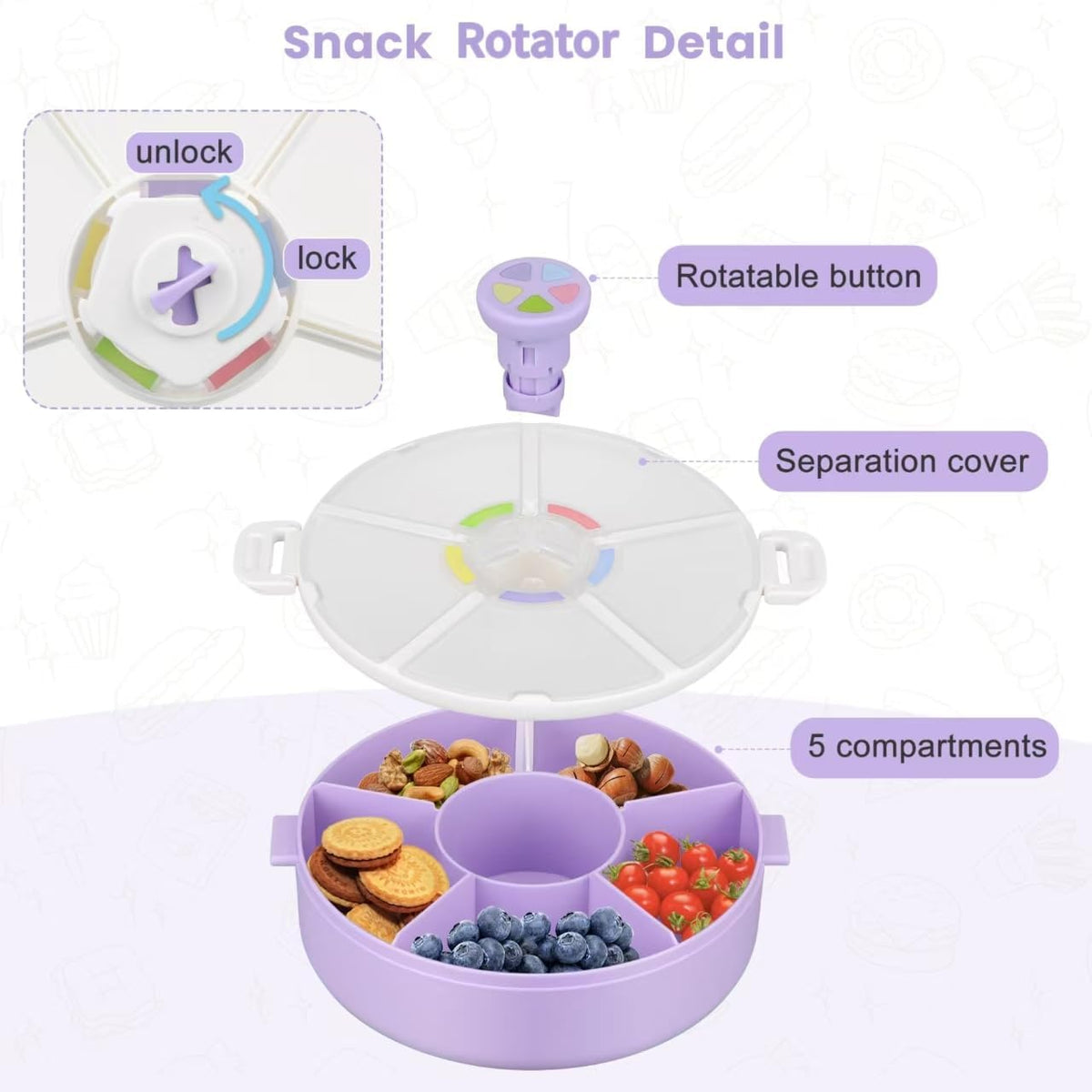 Pawtong Snack Rotator Container Reusable Snack Box with 5 Compartment Dispenser and Lid, Color Matching Opening Lid, BPA and PVC Free, for Home, School, Travel (Purple)