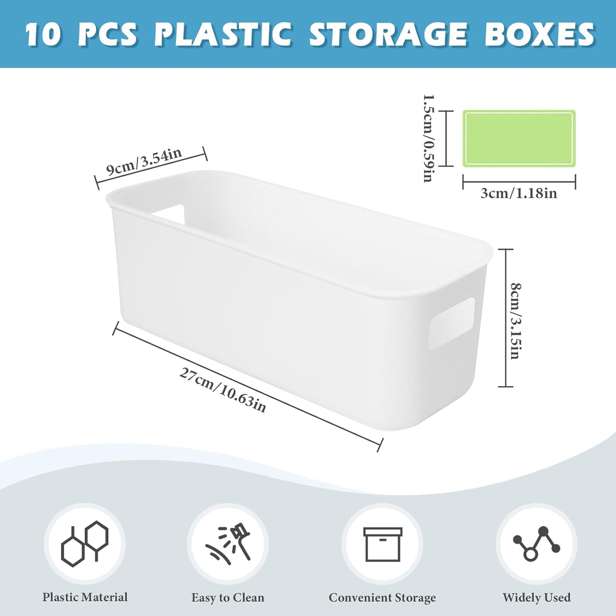 10Pcs White Narrow Storage Bins, 10" Long Bathroom Organizing Bins, Plastic Storage Basket Open Drawer Organizer Box with Handle for Bathroom Kitchen Office Vanity Pantry Shelves