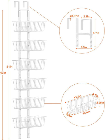 10 Tier Over the Door Pantry Organizer, Over the Door Spice Rack with Adjustable Baskets, Metal Hanging Door Pantry Organizers and Storage for Kitchen Bathroom Bedroom, White