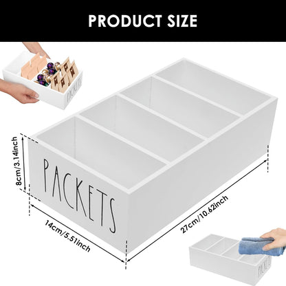 Wooden Seasoning Packet Organizer with 4 Compartments,10.63×5.51×3.15 inch Food Packet Storage Organizer Spice Holder with Dividers, Seasoning Storage Bins for Kitchen Pantry Cabinet Countertop(Black)