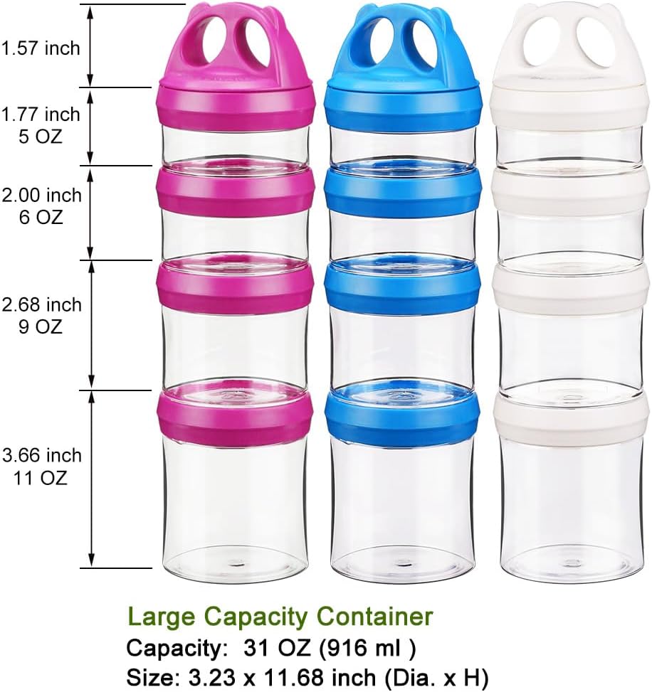SELEWARE Portable Stackable Food Storage Containers for Snacks Formula Powder and Drinks Twist Lock System Airtight Leak-proof BPA and Phthalate Free 4 Piece Jars 31oz Blue