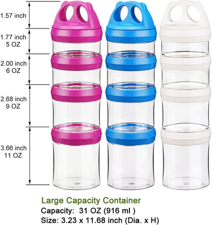 SELEWARE Portable Stackable Food Storage Containers for Snacks Formula Powder and Drinks Twist Lock System Airtight Leak-proof BPA and Phthalate Free 4 Piece Jars 31oz Blue