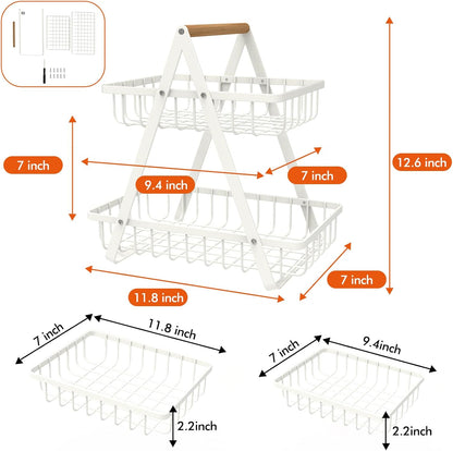 mahueeol 2 Tier Countertop Fruit Basket,Portable Fruit Bowle for Kitchen Organizer Storage & Dining Room Fruits Vegetable Bread Snacks, Detachable Metal Rectangle Basket Storage