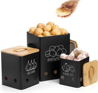 WUWEOT 3 Pack Vegetable Storage Tins, Potato Onion Garlic Storage Canister, Black Metal Vegetable Fresh Keeper Caddy, Kitchen Pantry Organizer Jars with Bamboo Lid and Aerating Holes