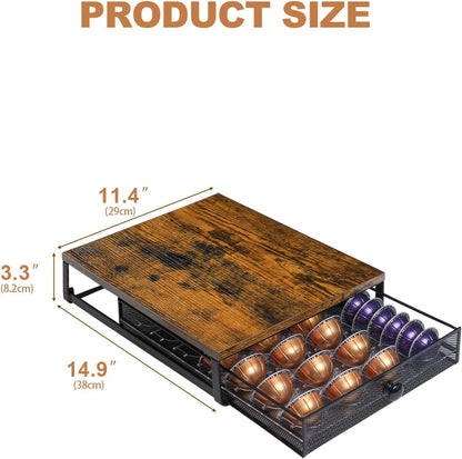 Sedegn Coffee Pod Holder Counter Coffee Vertuo Capsules Storage Organizer with Sliding Drawer Compatible For 35 K-Cup Pods No Assembly Needed Rustic Brown