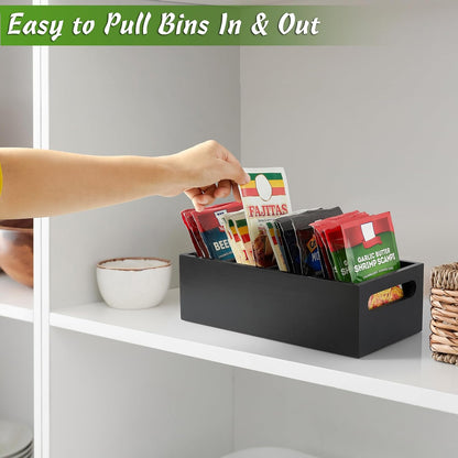 DRASTAR Pantry Organization and Storage Bins, Large Snack Organizer with Removable Dividers, Wooden Storage Caddy for Kitchen, Pantry, Cabinet, Countertop, Black
