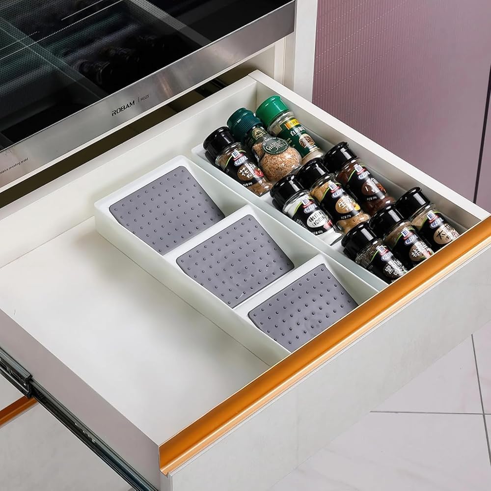 Spice Drawer Organizer,Silicone Seasoning Jar Drawer Insert,Spice Rack Organization for Drawer,Spice jar holder for drawer,Kitchen Spice Rack Tray for Cabinet Countertop Makeup Storage
