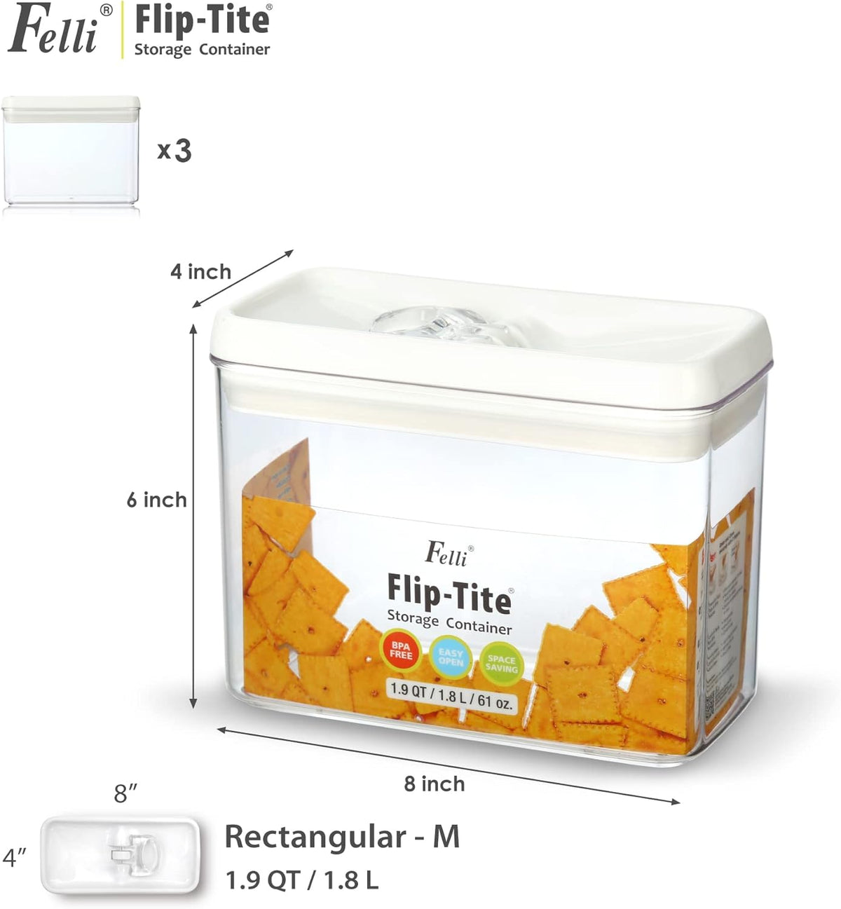Felli Flip Tite Storage Container with Built-In Spoon & Airtight Lid 5” Large-M Ring Flip Top, Stackable Acrylic Canister for Sugar Flour Powder, Kitchen Pantry Organizer (1.8qt), 2 spoons