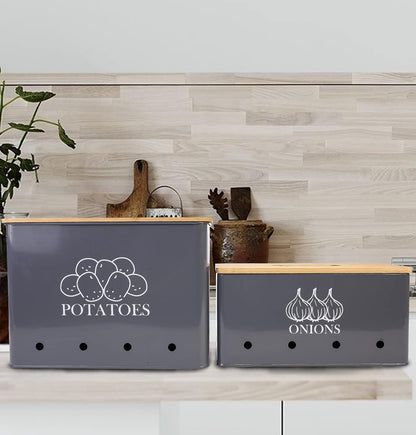 Potato and Onion Storage Bin Set of 2, Vented Metal Vegetable Storage with Wooden Lids, Farmhouse Kitchen Canisters for Countertop Pantry Organizer, Potato Bin Onion Holder for Produce Storage, Black