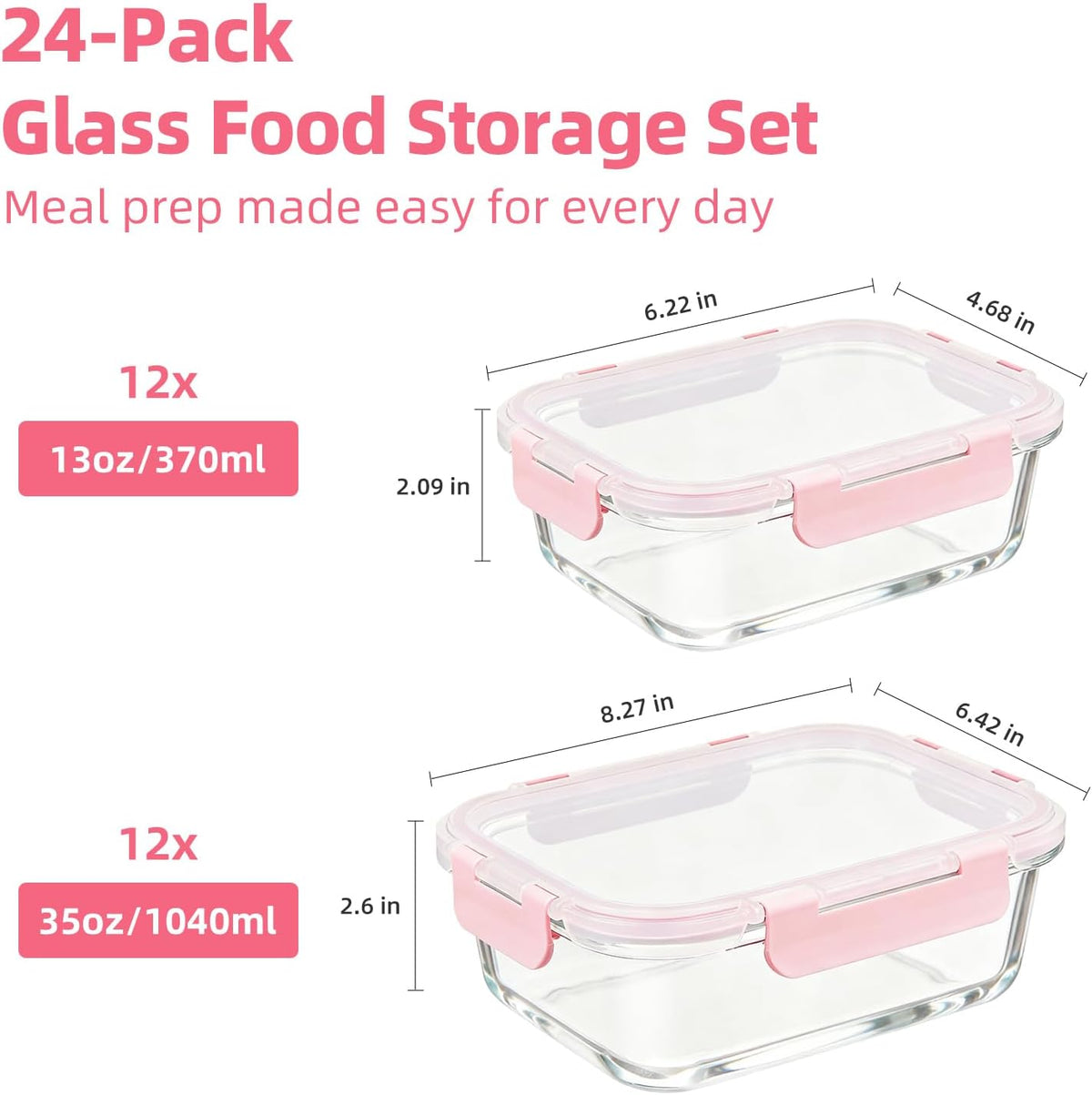 Konokyo Round Glass Food Storage Containers with Lids, 12 Pack Airtight Leakproof Meal Prep Containers, BPA-Free, Microwave Oven Freezer & Dishwasher Safe, Assorted Sizes