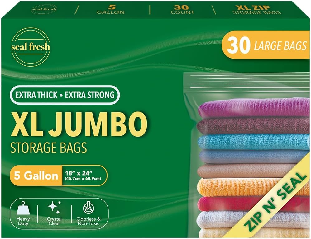 Seal Fresh 3 Gallon Large Plastic Storage Bags – 16" x 18" (15 Count) – Reusable XXL Extra Large Clear Jumbo Zip Bags with Sealable Zipper Top For Clothes, Travel, Moving