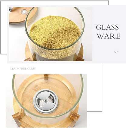 Rice Dispenser, Rice Storage Container, Flour and Cereal Container for Kitchen Organization and Pantry Store, Glass Cereal dispenser with Airtight Lid and Wooden Stand 5L