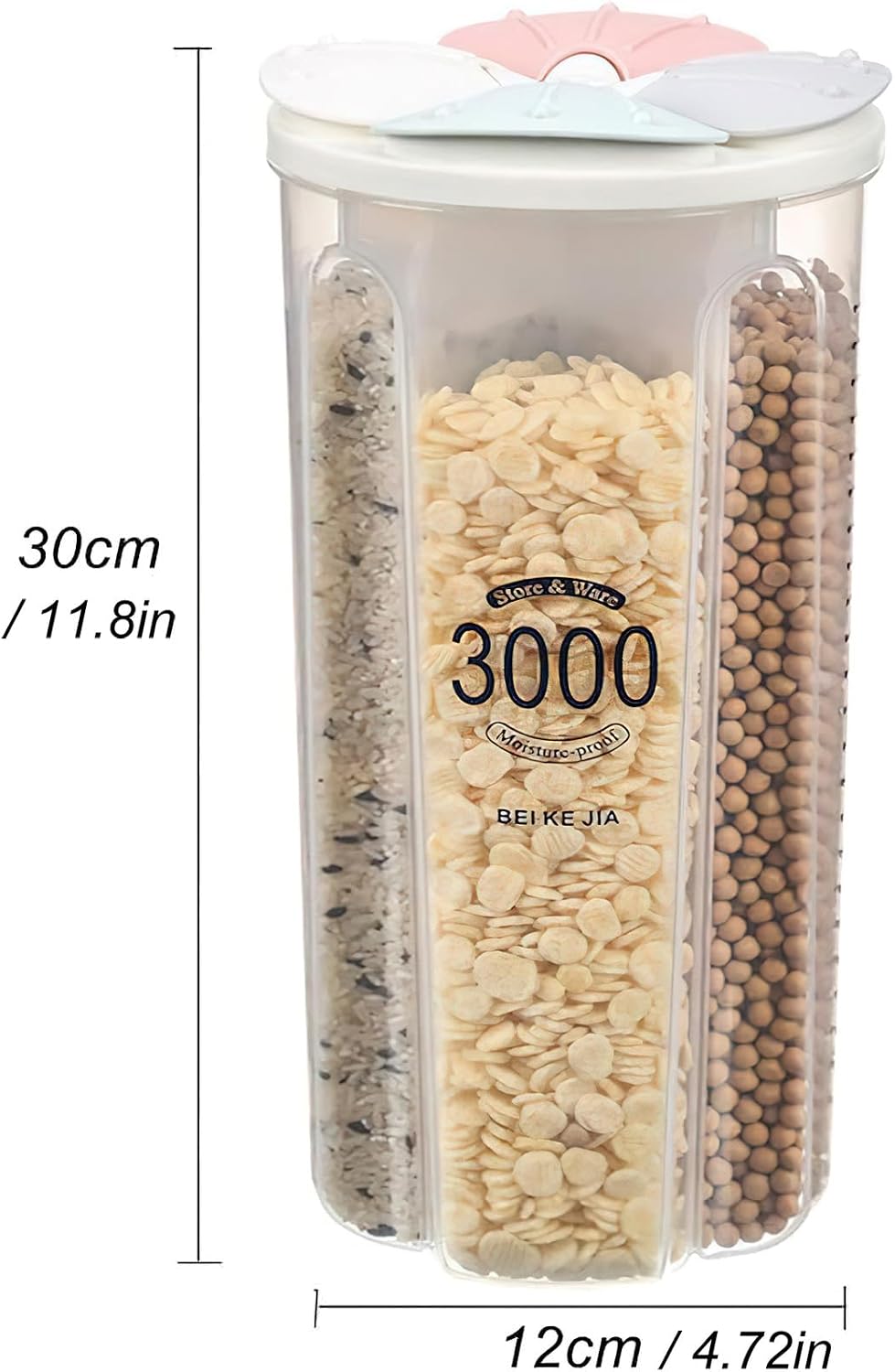Airtight Kitchen Food Storage Container, Leak-Proof BPA Free Plastic Plastic Dry Cereal Dispensers Containers with Durable Lids for Flour, Sugar, Rice (1500ml-3 Grid)