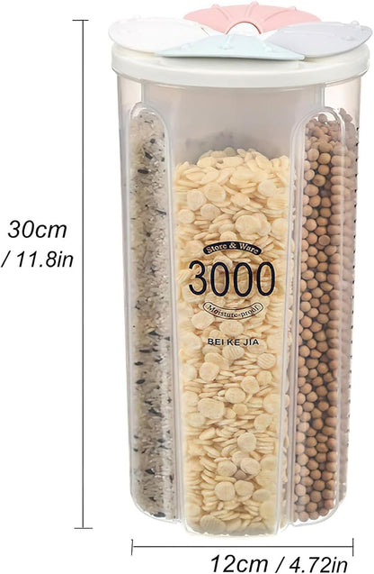 Airtight Kitchen Food Storage Container, Leak-Proof BPA Free Plastic Plastic Dry Cereal Dispensers Containers with Durable Lids for Flour, Sugar, Rice (1500ml-3 Grid)