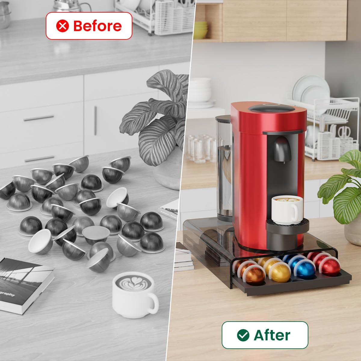 Storage Drawer for Nespresso Vertuo, Coffee Pod Holder for Counter Acrylic Top & Plastic Drawer Coffee Capsule Organizer - 40 Pods