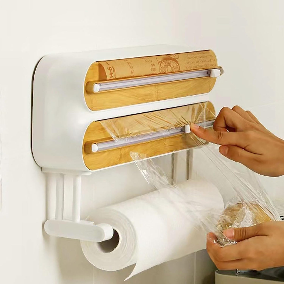Magnetic Plastic Wrap Dispenser with Cutter,3 in 1 Aluminum Foil wrap Organizer,Upgrade Practical Refillable Cling Wrap Film Cutter，Wall Mount Kitchen Wrap Dispenser - Fits 12" Roll, White
