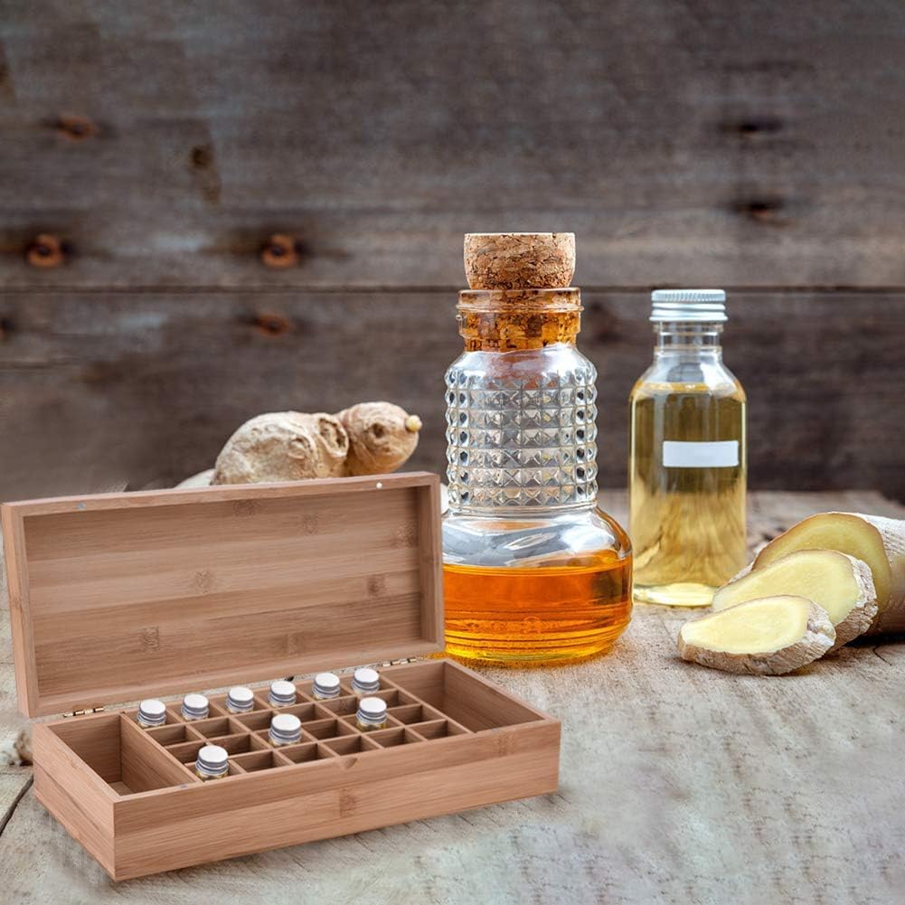 Pure Vie Essential Oil Bamboo Storage Box Travel Display Presentation, Holds 26 Bottles for 5, 10, 15ml - Aromatherapy Organizer Nail Polish Fragrance Container - Keep Your Oils Safe & Space Saver