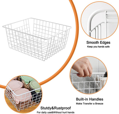 4 Pack White Wire Baskets for Pantry, 11" Upright Wire Freezer Storage Bins with Handles, Small White Metal Storage Basket for Freezer Organizing Office Kitchen Closets