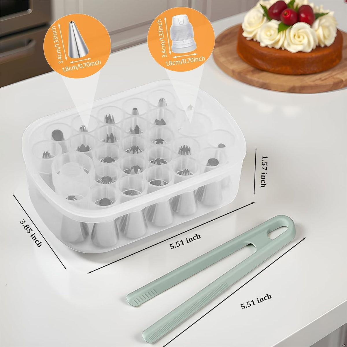 Cake Decorating Supplies Set - 27 Grids Storage Box with 25 Stainless Steel Piping Tips, 2 Adapters & Silicone Mini Tongs | Complete Baking Nozzle Organizer Kit
