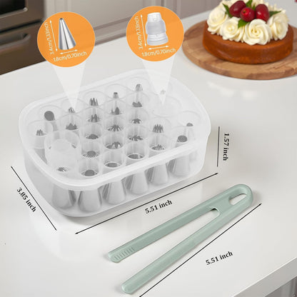 Cake Decorating Supplies Set - 27 Grids Storage Box with 25 Stainless Steel Piping Tips, 2 Adapters & Silicone Mini Tongs | Complete Baking Nozzle Organizer Kit