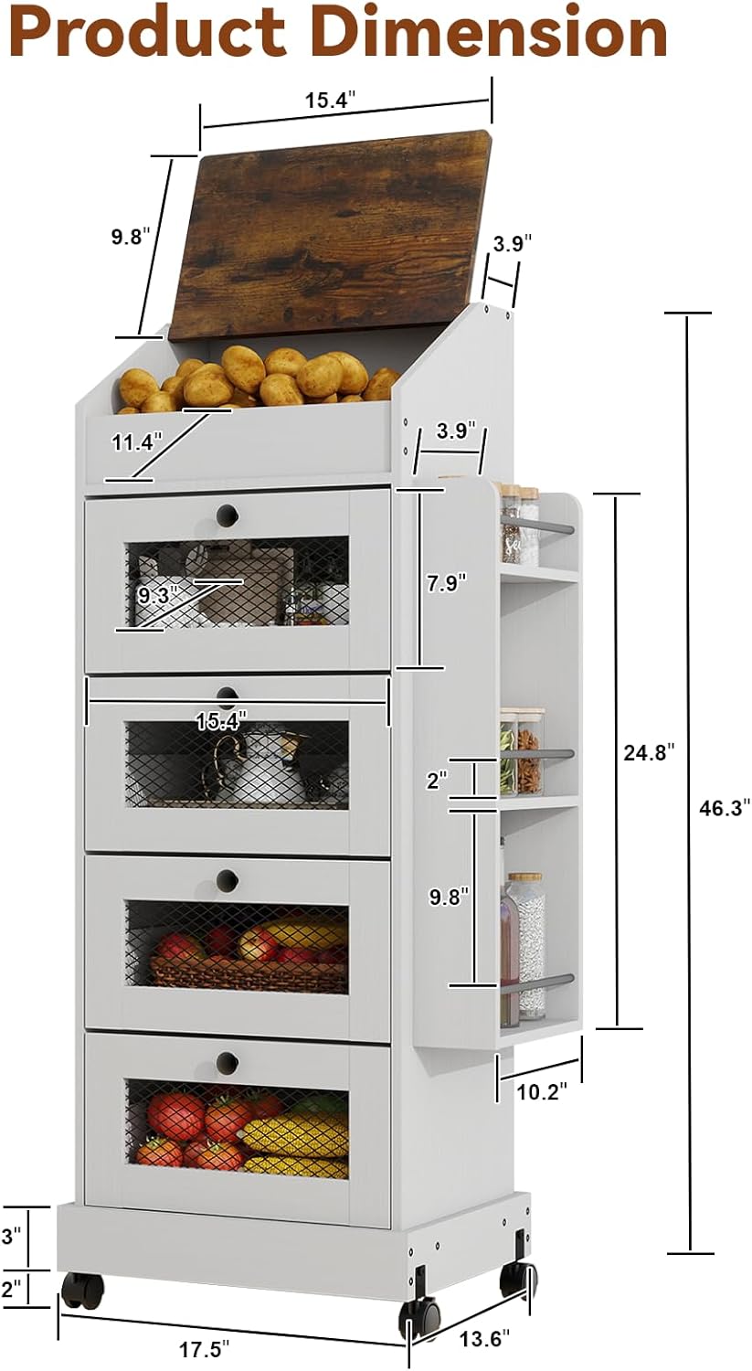 ARTETHYS Potato and Onion Storage Bin for Pantry 5-Tier Rolling Fruit and Vegetable Organizer with Spice Rack on Wheels Movable Large Bread Box Cabinet with 4 Ventilated Drawers for Kitchen, Rustic