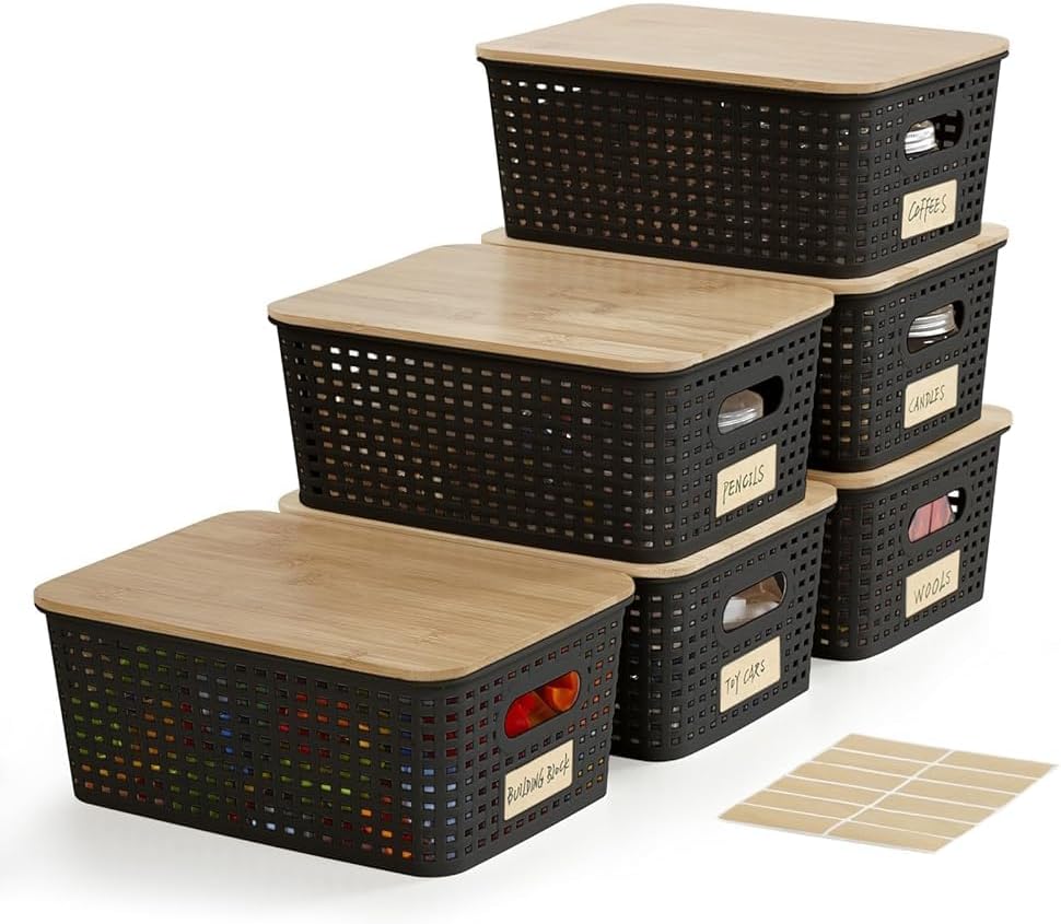 Bagnizer Small Plastic Storage Bins with Bamboo Lids 5.2qt Stackable Box Basket Pantry Decorative Containers Cute with Labels for Organizing Desktop Closet Office Cream White of 10*7.2*4.1"