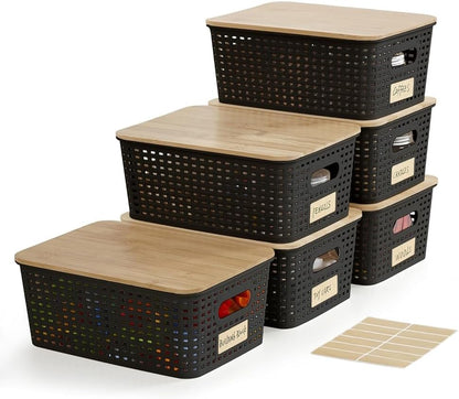 Bagnizer Small Plastic Storage Bins with Bamboo Lids 5.2qt Stackable Box Basket Pantry Decorative Containers Cute with Labels for Organizing Desktop Closet Office Cream White of 10*7.2*4.1"