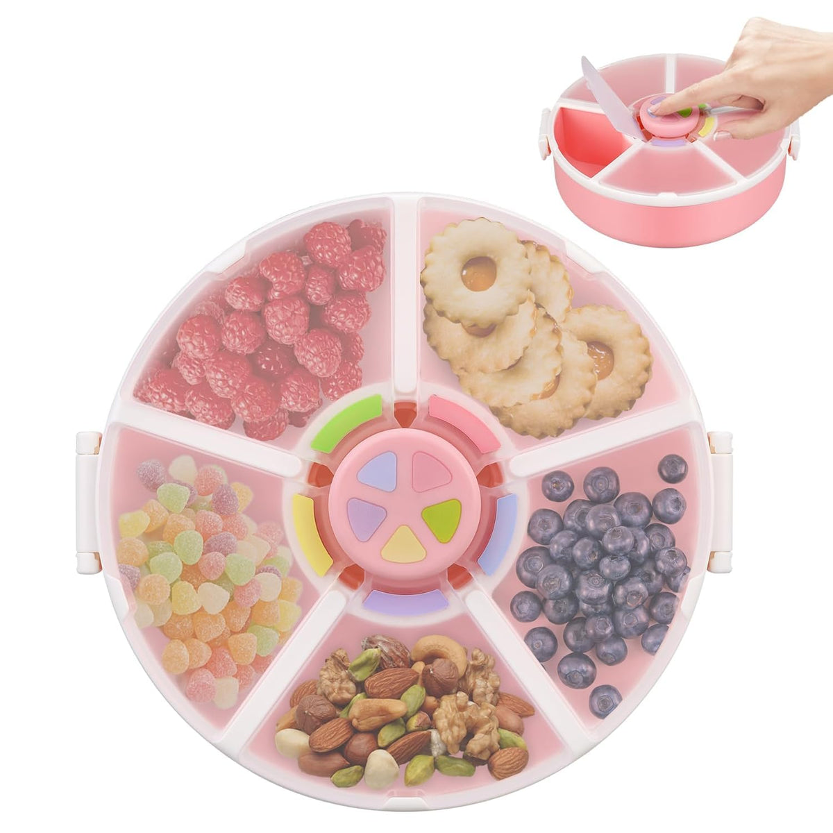 Pawtong Snack Rotator Container Reusable Snack Box with 5 Compartment Dispenser and Lid, Color Matching Opening Lid, BPA and PVC Free, for Home, School, Travel (Purple)