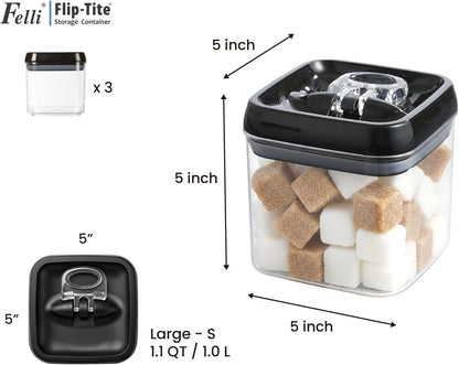 Felli Flip Tite Storage Container with Built-In Spoon & Airtight Lid 5” Large-M Ring Flip Top, Stackable Acrylic Canister for Sugar Flour Powder, Kitchen Pantry Organizer (1.8qt), 2 spoons