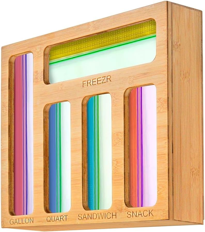 3 in 1 Wrap Organizer with Cutter and Labels, Plastic Wrap, Aluminum Foil and Wax Bamboo Dispenser for Kitchen Storage Organization Holder for 12" Roll (Natural)