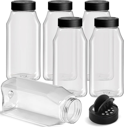TUZAZO 16 Oz Spice Bottles Plastic Seasoning Containers, 6 PACK Large Plastic Spice Jars with Shaker Lids Empty for Spice & Herbs, Powders, Glitters, BPA Free | Wide Mouth | Dual Flip Tops
