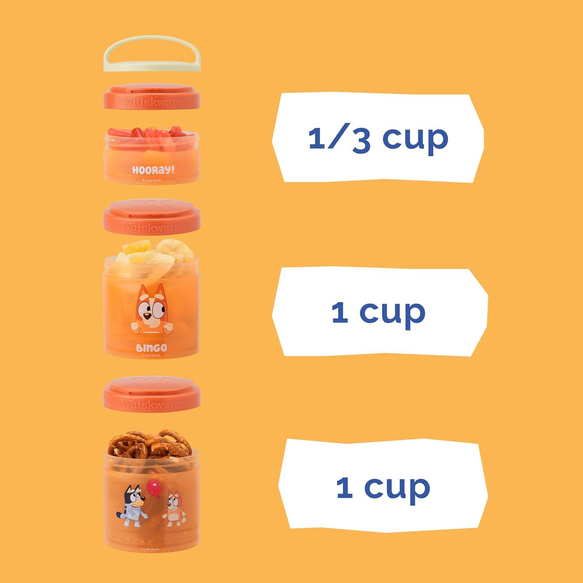 Whiskware Bluey Stackable Snack Containers for Babies, Toddlers, and Kids, 3 Stackable Snack Cups for School and Travel, Cupholder Friendly, Bluey and Bingo! Let’s Do This!