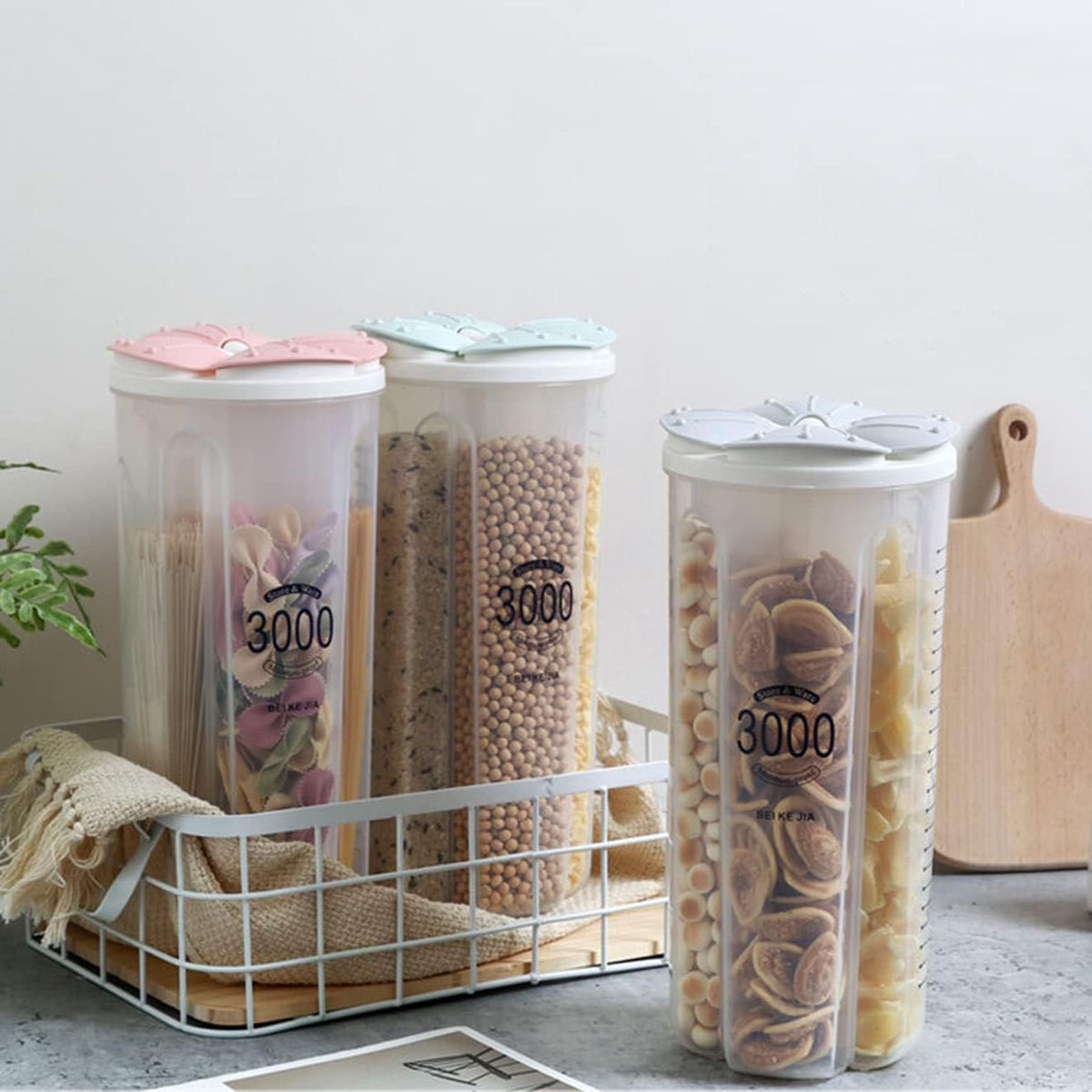 Airtight Kitchen Food Storage Container, Leak-Proof BPA Free Plastic Plastic Dry Cereal Dispensers Containers with Durable Lids for Flour, Sugar, Rice (1500ml-3 Grid)