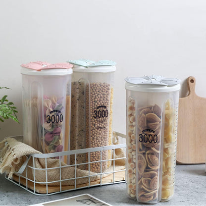 Airtight Kitchen Food Storage Container, Leak-Proof BPA Free Plastic Plastic Dry Cereal Dispensers Containers with Durable Lids for Flour, Sugar, Rice (1500ml-3 Grid)