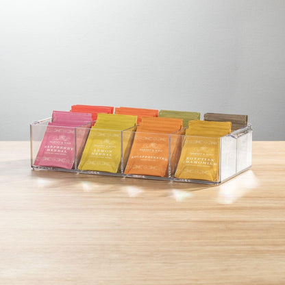 mDesign Plastic Condiment Organizer and Tea Bag Holder - 8-Compartment Kitchen Pantry/Countertop Storage Caddy - Divided Chip, Snack, Oatmeal Packet Holder - Lumiere Collection - Clear