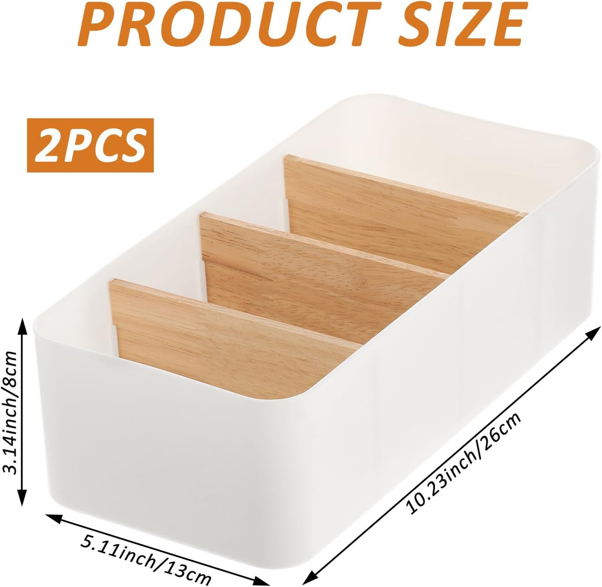 2 Pcs Seasoning Packet Organizer, Plastic Food Storage Organizer Box with 3 Detachable Bamboo Wood Dividers Snacks Spice Packets Holder Bin for Kitchen Pantry Cabinet Drawer, White
