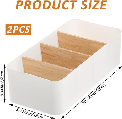 2 Pcs Seasoning Packet Organizer, Plastic Food Storage Organizer Box with 3 Detachable Bamboo Wood Dividers Snacks Spice Packets Holder Bin for Kitchen Pantry Cabinet Drawer, White