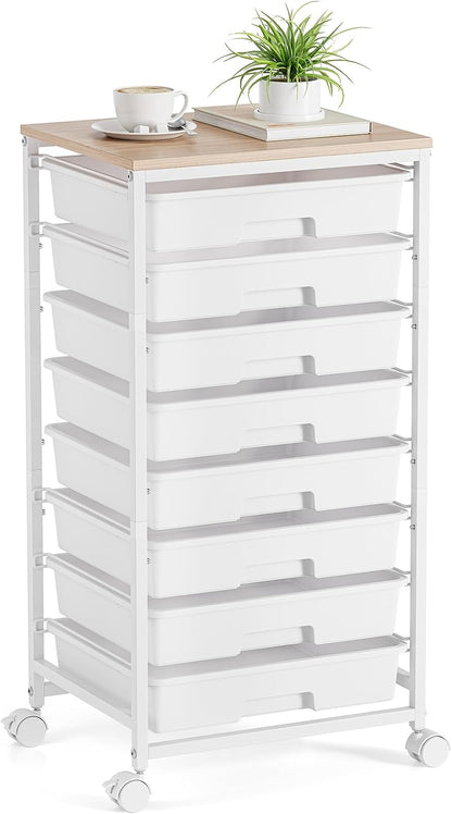Rolling Cart with Drawers, Pink Cart with 8 Plastic Drawer Storage and Wooden Tabletop, Craft Storage, Teacher Cart, Storage Cart on Wheels, Rose Pink