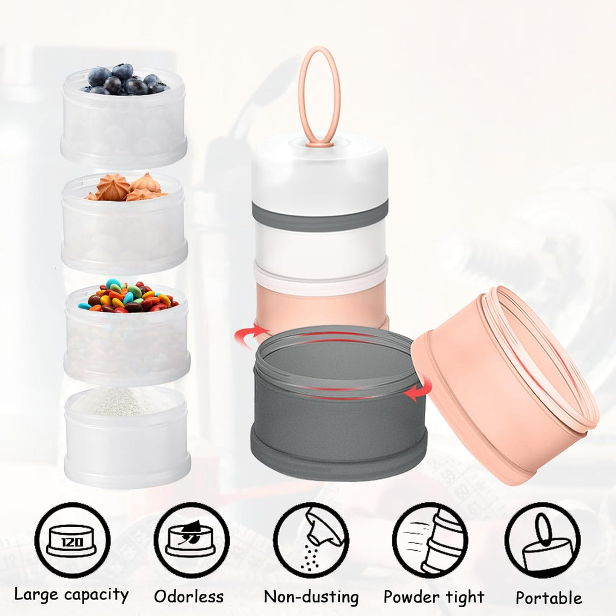 Ysglory 3 Packs Protein Powder Storage Container 4 Stackable Formula Dispenser Portable Protein Powder Travel Container Milk Powder Container to Go for Workout, Fitness, Travel (Gray,White,Blue)