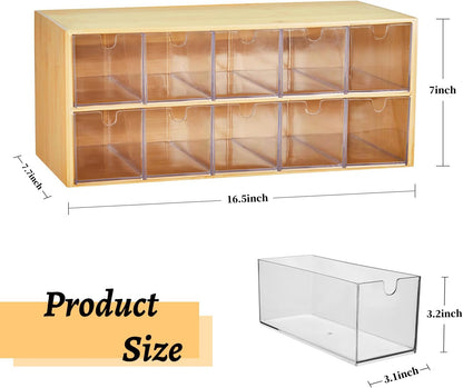 TIMIEEYA Tea Bag Organizer - Bamboo Tea Storage Organizer With Drawer 2 Layer, Tea Organizer for Tea Bags Natural Wood & Acrylic for Countertop Office Kitchen Cabinet Pantry