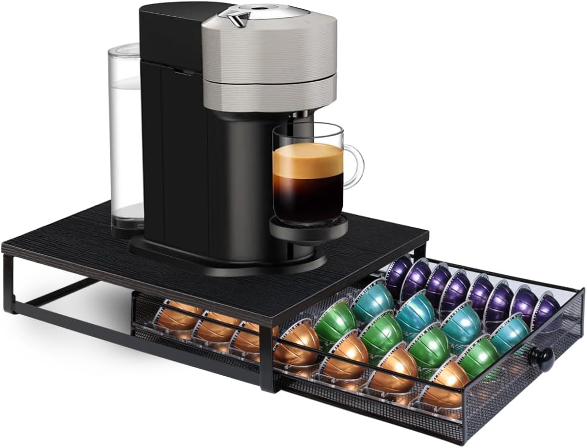 Sedegn Coffee Pod Holder Counter Coffee Vertuo Capsules Storage Organizer with Sliding Drawer Compatible For 35 K-Cup Pods No Assembly Needed Rustic Brown