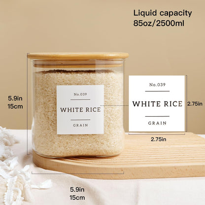 HHMJSM Large Glass Storage Jars With Airtight Bamboo Lid - 100 Fl Oz Thicken Kitchen Glass Food Storage Canister With 42 Pantry Labels - Big Clear Flour And Sugar Containers Farmhouse