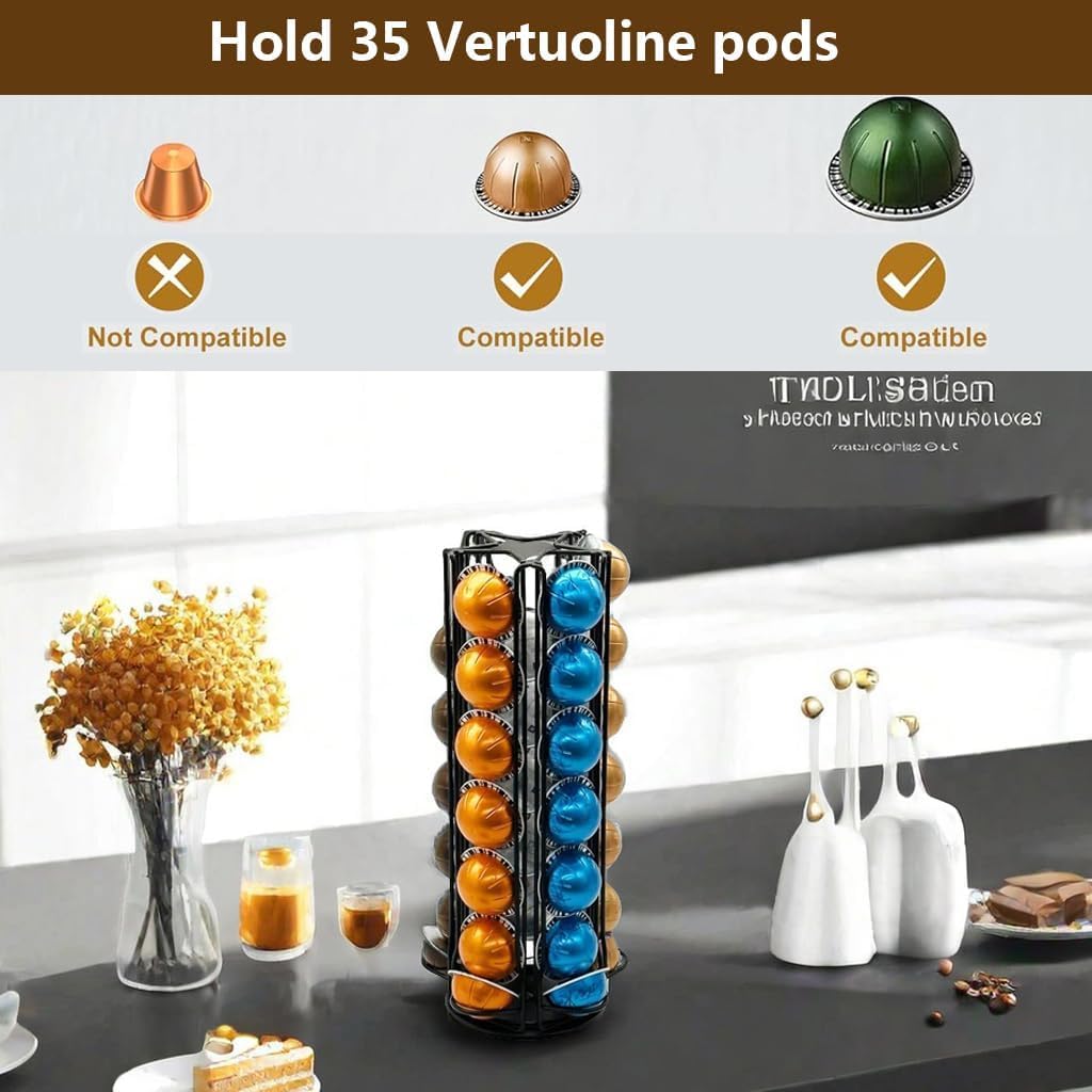 Miuly Coffee Capsule Holder For Nespresso Vertuoline, Coffee Capsule Stands Rotating Pod Rack holds 28 Nespresso Vertuo Pods, Black