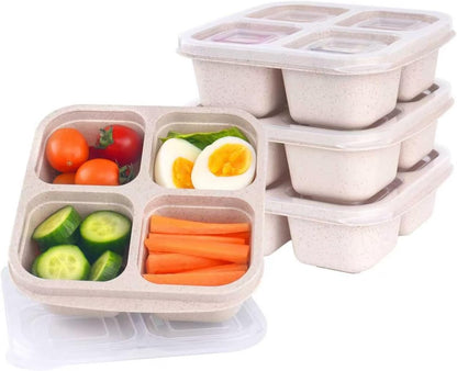 4 Pack Snack Containers, 4 Compartments Bento Snack Box, Reusable Meal Prep Lunch Containers for Kids Adults, Divided Food Storage Containers for School Work Travel