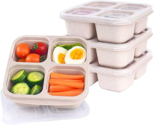 4 Pack Snack Containers, 4 Compartments Bento Snack Box, Reusable Meal Prep Lunch Containers for Kids Adults, Divided Food Storage Containers for School Work Travel