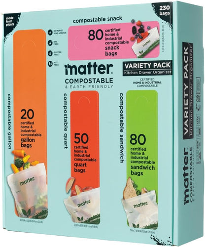 Matter Compostable Assorted Kitchen Bags, 230 Count, Biodegradable, Eco-Friendly Resealable Food Storage Variety Pack, 80 Snack, 80 Sandwich, 50 Quart & 20 Gallon