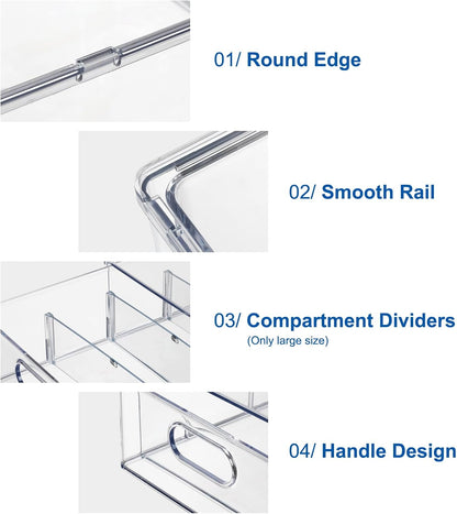 Fridge Drawer Pull Out Stackable Bins, Clear Refrigerator Stackable Organizers, Fridge Organizer Storage for Kitchen, Pantry, Vegetables, Fruits (2 Small + 1 Large)