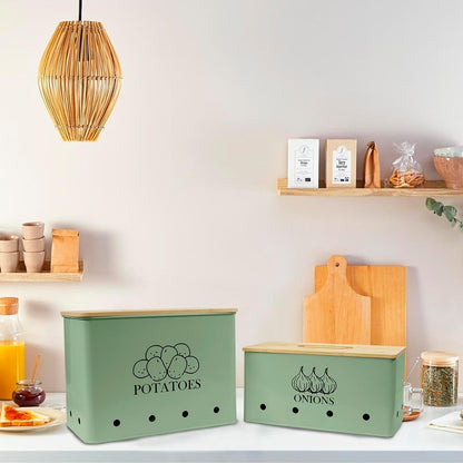 Potato and Onion Storage Bin Set of 2, Vented Metal Vegetable Storage with Wooden Lids, Farmhouse Kitchen Canisters for Countertop Pantry Organizer, Potato Bin Onion Holder for Produce Storage, Black