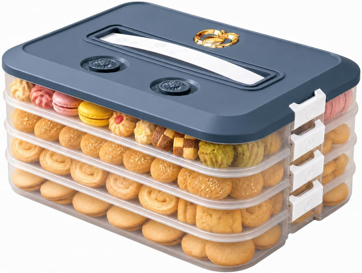 LOEZ 4 Tier Stackable Food Storage Containers, Clear Baked Goods Container for Cookies, Muffins, Macarons and Pizza, Dessert Carrier with Lid (Green)
